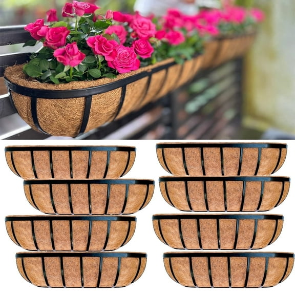 24" Horse Troughs Deck Window Box Railing Planter with Coco Fiber Liner Metal Fence Balcony Patio Porch Over Rail, 8-Pack