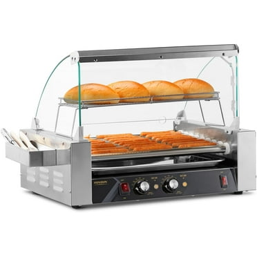 24 Hot Dog 9 Roller 1350W, Hot Dog Roller Grill Cooker Machine w/LED Lighting, Dual Temp Control, Cover, Removable Shelf & Drip Tray for Home Party Commercial ETL Certified