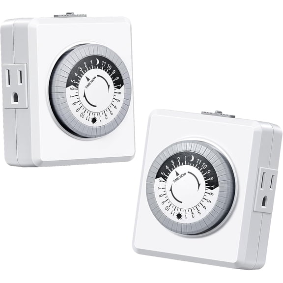 24 Hour Cycle Plug-in Mechanical Timer 2 Pack, Indoor Timer for Electrical Outlets, 30-Minute Intervals, Dual 3 Prong Outlets, 125V 15A for Room Lights, Lamps, ETL Listed