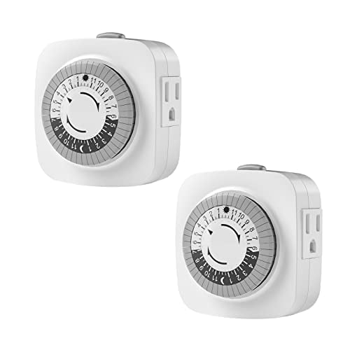 24 Hour Indoor Mechanical Timer with 2 Ground 3 Plug Socket Timer,30 min Daily on/Off Cycle for Lamps, Christmas Tree Lights, ETL Certified, White,2 Pack