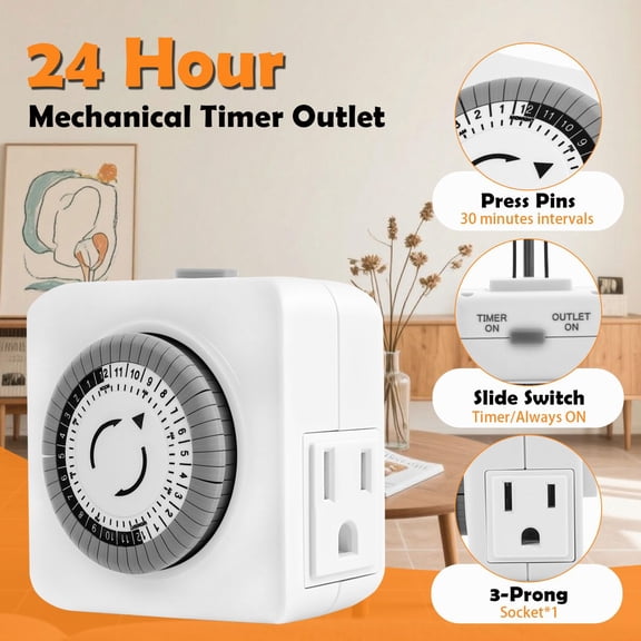 24-Hour Mechanical Outlet Timer 30-Minute Intervals 2Pack 1875W 3-Prong