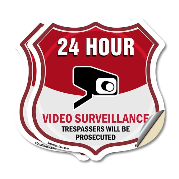 24 Hour Surveillance Shield Sign Video Surveillance Trespassers Will Be Prosecuted (2 Pack) 6 inch X 6 inch Shield Shaped Heavy Duty 3.2 mil Vinyl Decals Weather Resistant Made in the