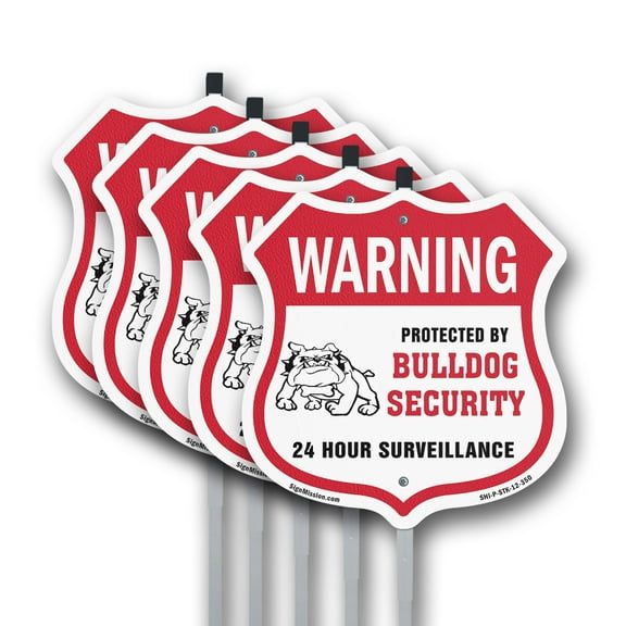 24 Hour Surveillance Shield Sign Warning Protected By Bulldog Security (5 Pack) 12 inch X 12 inch Shield Shaped Rust-Free Aluminum Metal Signs with Aluminum Mounting Stakes Weather