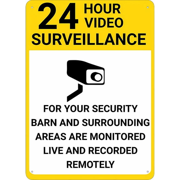 24 Hour Video Surveillance Barn Monitored Sign, 8"x12" Rust-Free Aluminum UV Printed, Durable Weatherproof Outdoor Home Sign