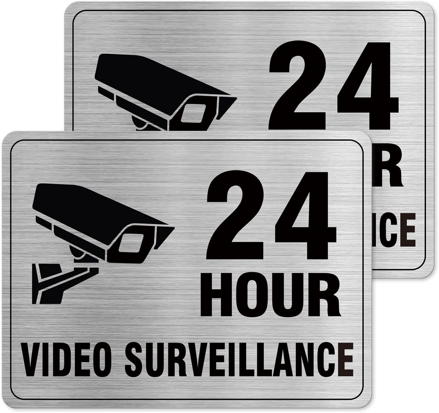 24 Hour Video Surveillance Sign Aluminum Silver 9 x 3 Inches Self ...