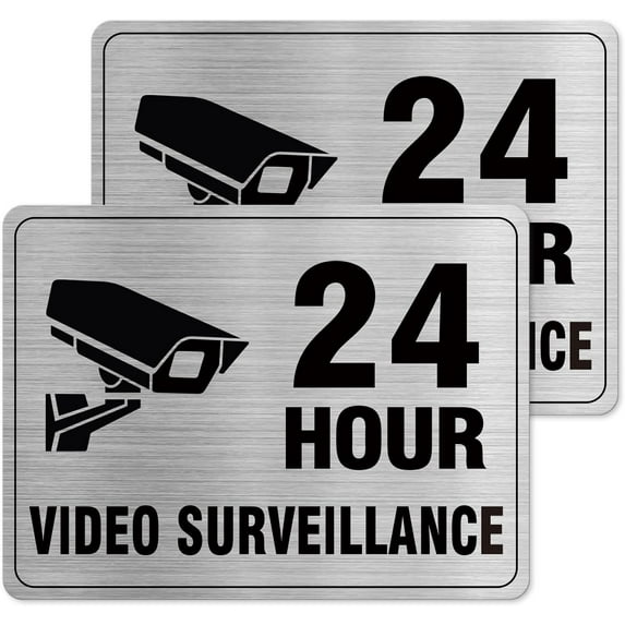 24 Hour Video Surveillance Sign Aluminum Silver 9 x 3 Inches Self-Adhesive Waterproof Metal Door Wall Sign for Business Restaurants 4 Pack