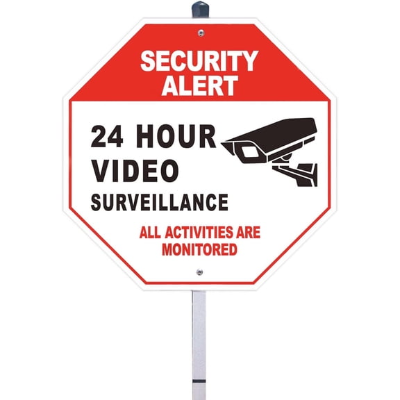 24 Hour Video Surveillance Sign with Stake, 10 x 10 All Activities are Monitored Warning Sign with 28 Inches Post, Aluminum Yard Signs for Security Alert, Security Camera Signs Outdoor (Red)