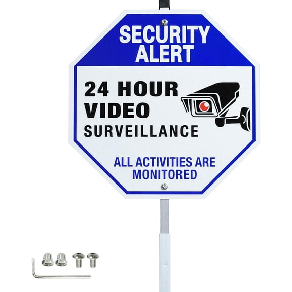 24 Hour Video Surveillance Sign with Stake - 9.8x9.8 Inch Aluminum Security Sign, 27.5 Inch Metal Stake - Weatherproof & Reflective for Home, Business, Yard(1 Pack)