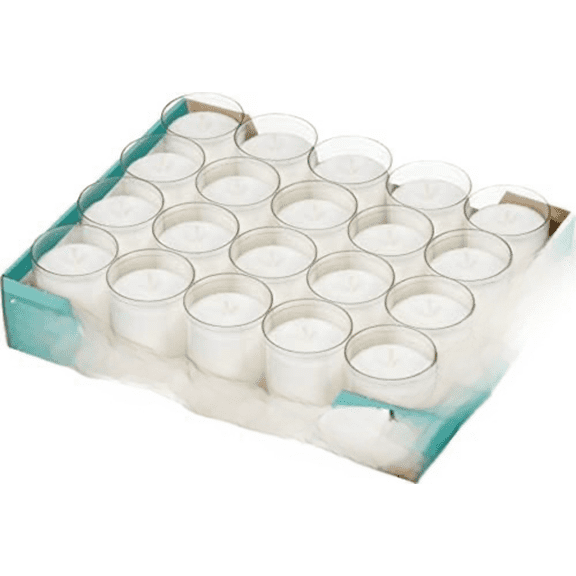 24 Hour Votive Candles - 20 Pack Restaurant Candles in Clear Unbreakable Plastic Cups - Premium European Quality - Unscented Smokeless Relight, Birthday, Party & Wedding Candles