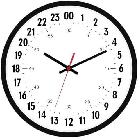 24 Hour Wall Clock 12 Inch Quartz Battery Operated Round Analog Wall Clock Military Time Clock for Classroom School Office Living Room Bedroom Home (Black)