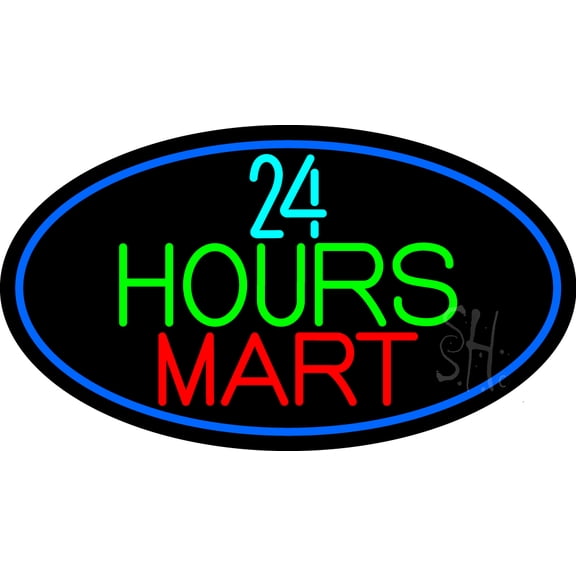 24 Hours Mini Mart With Blue Round LED Neon Sign 20 x 37 - inches, Black Square Cut Acrylic Backing, with Dimmer - Bright and Premium built indoor LED Neon Sign for Defence Force.