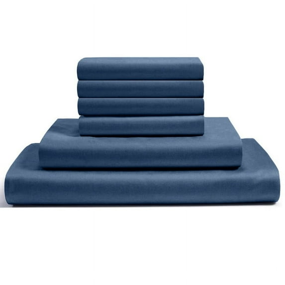 24-INCH EXTRA DEEP POCKETS -Full XL Egyptian 600-TC Cotton 6-PC Sheet Set with 1 Fitted Sheet, 1 Oversized Flat Sheet 4 Pillowcases - Mediterranean Blue