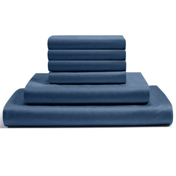 24-INCH EXTRA DEEP POCKETS -Queen XL Egyptian 300-TC Cotton 6-PC Sheet Set with 1 Fitted Sheet, 1 Oversized Flat Sheet 4 Pillowcases - Mediterranean Blue