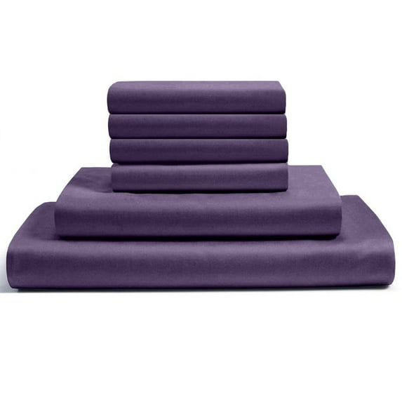 24-INCH EXTRA DEEP POCKETS -Queen XL Egyptian 300-TC Cotton 6-PC Sheet Set with 1 Fitted Sheet, 1 Oversized Flat Sheet 4 Pillowcases - Plum