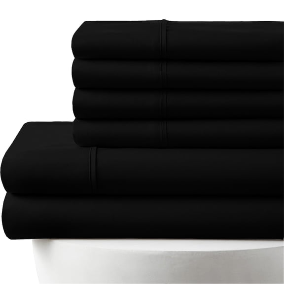 24-INCH EXTRA DEEP POCKETS -Split King Egyptian 1000-TC Cotton 7-PC Sheet Set with 1 Fitted Sheet, 1 Oversized Flat Sheet 4 Pillowcases - Black