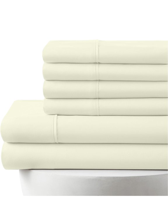 24-INCH EXTRA DEEP POCKETS -Split King Egyptian 1000-TC Cotton 7-PC Sheet Set with 1 Fitted Sheet, 1 Oversized Flat Sheet 4 Pillowcases - Ivory