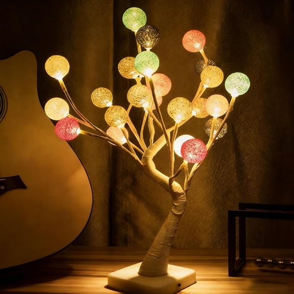 24 INS Style Creative Table Lamp Cotton Thread Ball Tree Light Plug-in & Battery Powered Night Light for Couple Dates Gatherings with Friends and Balcony Decoration
