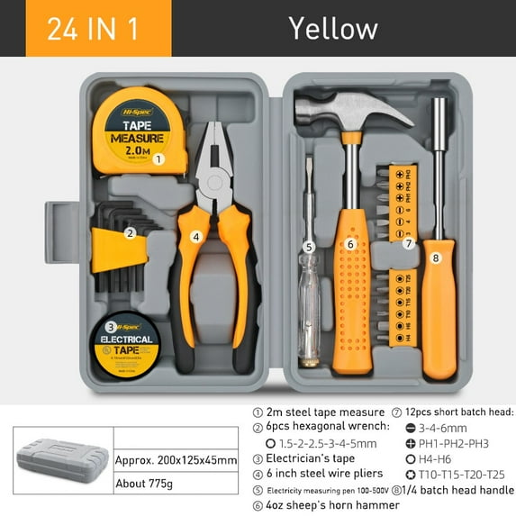 24 In 1 Multifunctional Home Repair Hand Tool Set Pliers Wrench Hammer Tape Measure Screwdriver Yellow Hardware With Toolbox