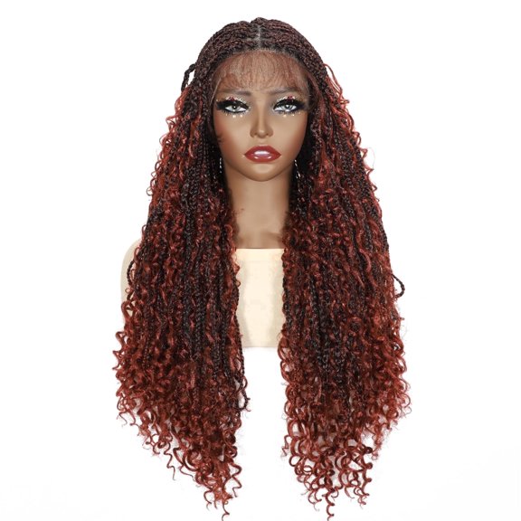 More Beautiful 28‑Inch Synthetic Full Lace Hand‑Tied Boho Box Braids Wig with Curly Ends Pre‑Plucked Baby Hair for Black Women