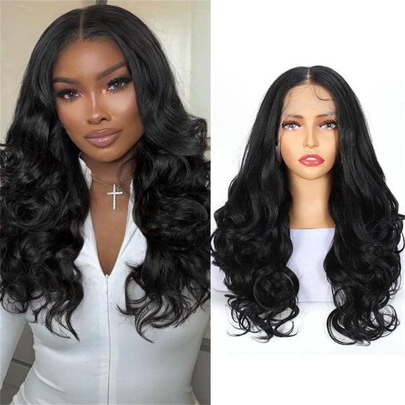 More Beautiful 24 Inch Wavy Lace Front Wig, 6 Inch Middle Part Pre-Plucked Natural Black 1B# Heat Resistant Synthetic Wigs for Women