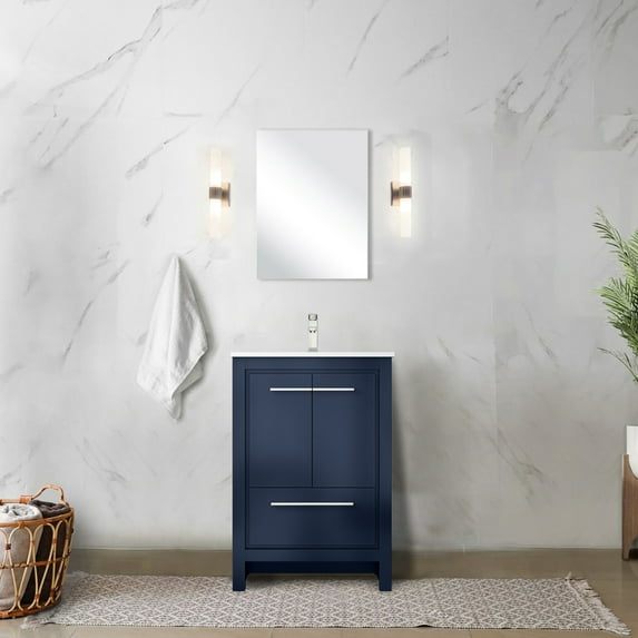 24 In. W X 20 D Navy Blue Bathroom Cabinet With White Quartz Top, Brushed Nickel Faucet And 18 Mirror - Scratch- Durability 24" 20" Vanity For Bathroom, Worktop, 18" Long-lasting