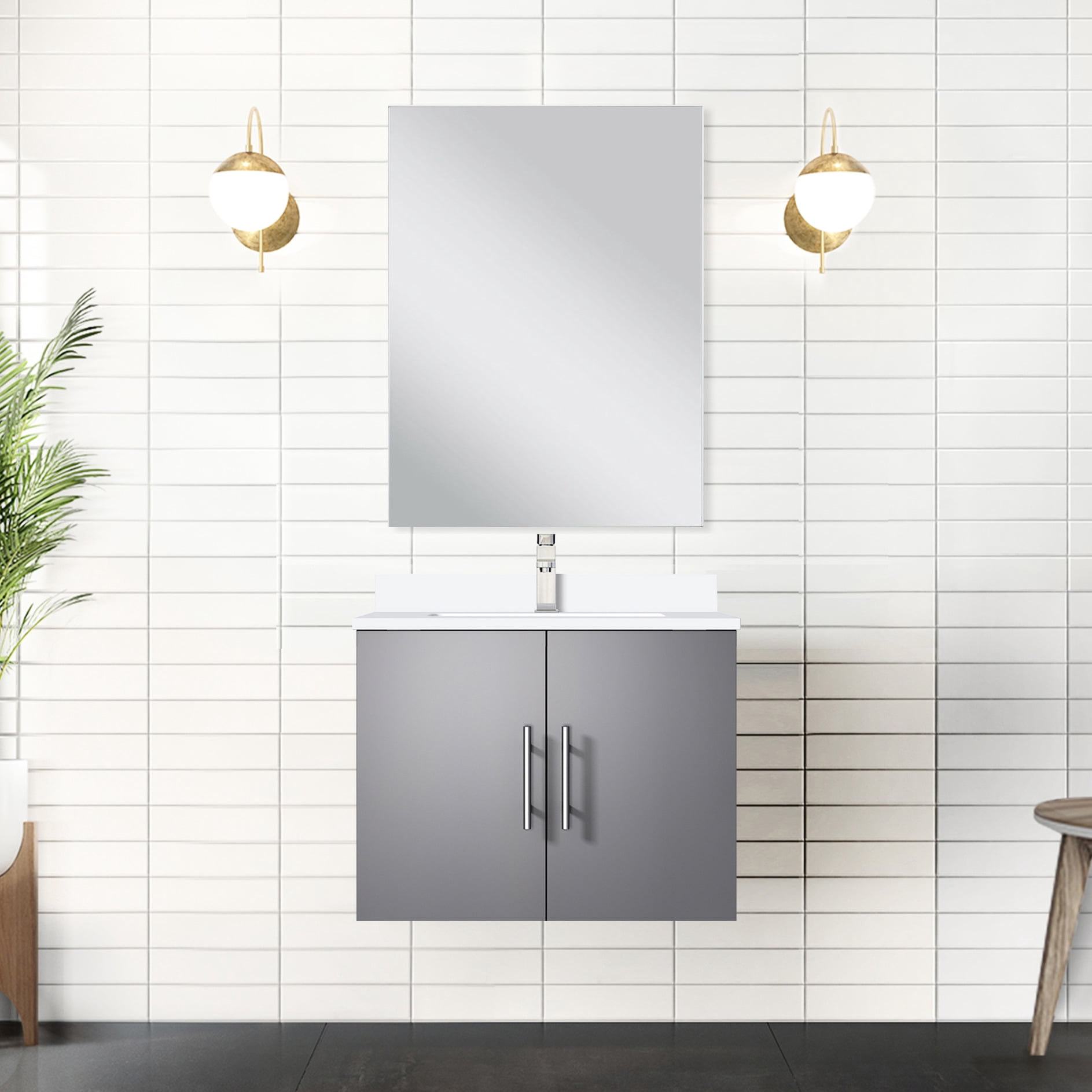24 In. W X 22 D Dark Grey Bath Vanity With Marble Top - Solid Wood ...