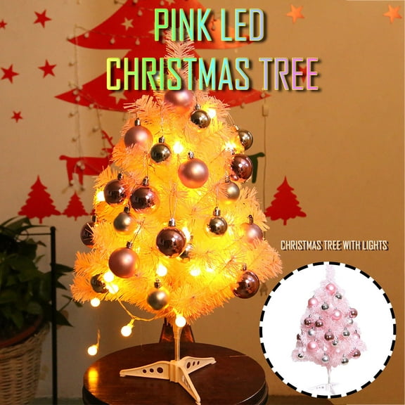 24 Inch 2 FT Pre-lit Mini Christmas Tree Small Tabletop Pink Christmas Tree with LED Lights Hanging Ornaments and Tree Skirt Xmas Decorations for Holiday Party Home