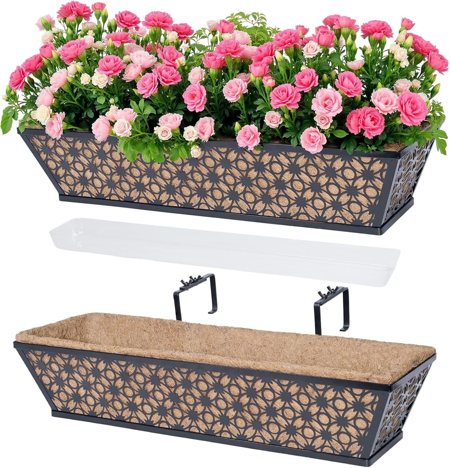 24 Inch 2 Pack Railing Planter Box with Adjustable Bracket,Window Planter Boxes Outdoor for Porch,Balcony Planters Railing Hanging,Fence,Patio Hanging Planters for Garden