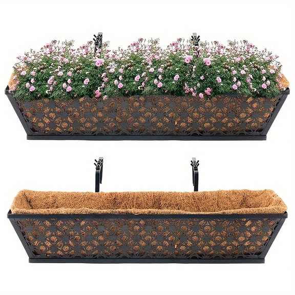 24 Inch 2 Pack Window Boxes With Coco Liners, Garden Trough Black Metal Hanging Window Basket Planter