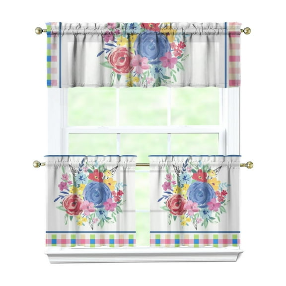 24 Inch 3 Pieces Set Kitchen Window Curtains with Rod Pocket over Sink Pioneer Colorful Floral Small Window Cafe Curtains for Home Decor Rod Pocket Tier Drapes