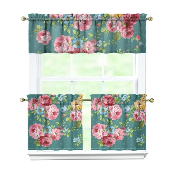 24 Inch 3 Pieces Set Kitchen Window Curtains with Rod Pocket over Sink Pioneer Colorful Floral Small Window Cafe Curtains for Home Decor Rod Pocket Tier Drapes
