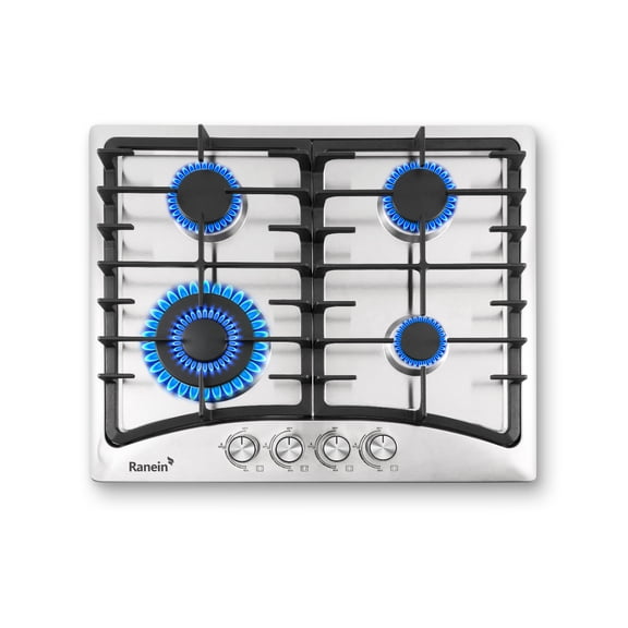 24-Inch 4 Burner Gas Cooktop Stove Top, Built-In Gas Stove, 304 Stainless Steel Panel, NG & LPG Convertible, Compact Cooking Stove for Apartment, Indoor