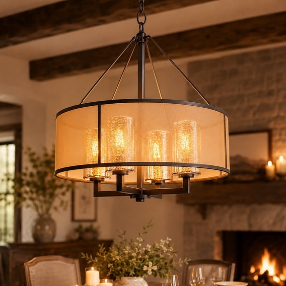 24-Inch 4-Light Oil Rubbed Bronze Chandelier with Drum Shade Mercury Glass Modern Farmhouse Lighting for Dining Room Living Room Foyer
