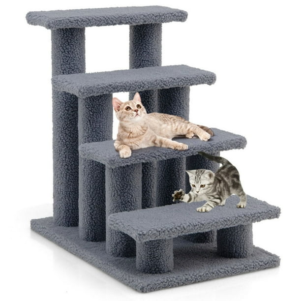 24 Inch 4 Step Pet Stairs Carpeted Ladder Ramp Scratching Post Cat Tree Climber Gray Dog Stairs for Small Dogs Dog Steps Stairs Ramps for High Bed