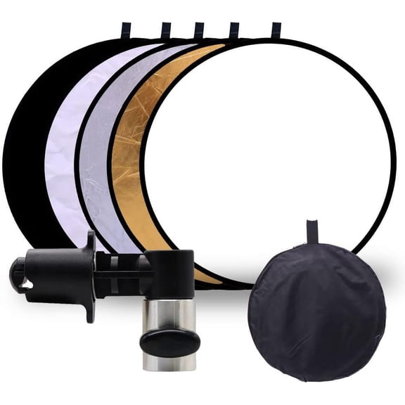 24 Inch 5‑in‑1 Collapsible Round Photography Reflector with Clip and Carry Bag, Gold Silver White Black Translucent Light Diffuser for Studio & Outdoor Shooting