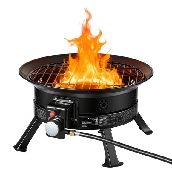 24 Inch 53000 BTU Portable Propane Fire Pit with Grill Grate Lava Rocks Adjustable Flame Folding Legs Smokeless Outdoor Fire Bowl for Camping Patio Backyard Deck RV Black