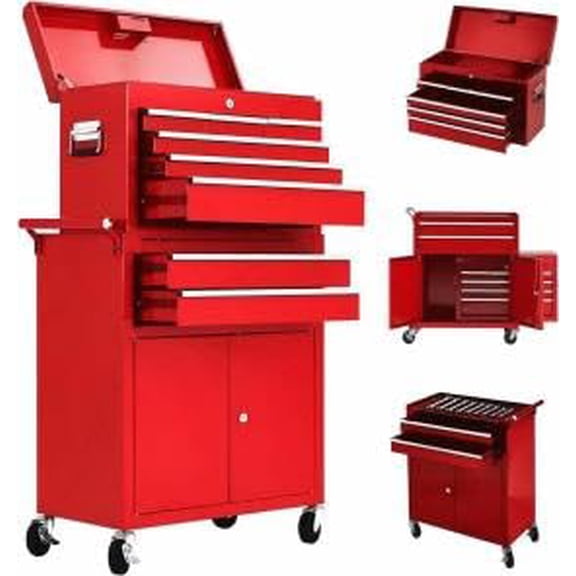 24 Inch 8 Drawer Rolling Tool Chest Cart, 2 in 1 Detachable Tool Box Cabinet with Wheels, Professional Lockable Metal Storage Organizer with Portable Top Chest