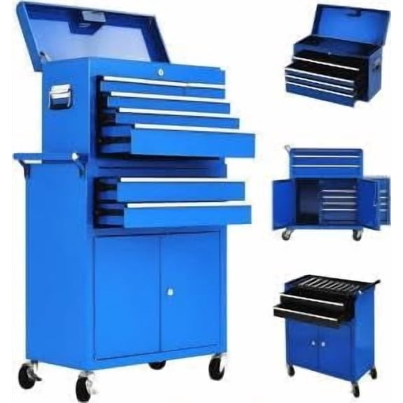 24 Inch 8 Drawer Rolling Tool Chest Cart, 2 in 1 Detachable Tool Box Cabinet with Wheels, Professional Lockable Metal Storage Organizer with Portable Top Chest