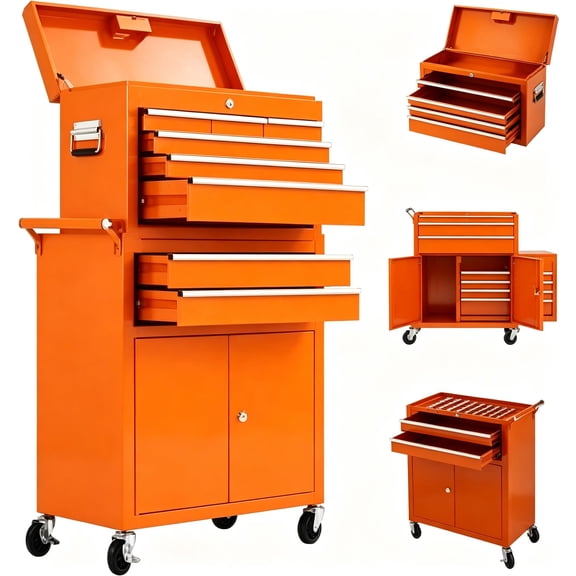 24 Inch 8 Drawer Rolling Tool Chest Cart, 2 in 1 Detachable Tool Box Cabinet with Wheels, Professional Lockable Metal Storage Organizer with Portable Top Chest