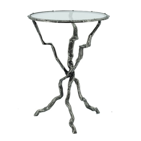 24 Inch Accent Side Table, Smooth Glass Top, Crossed Branch Base, Silver, Saltoro Sherpi