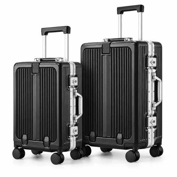 24 Inch Aluminum Frame Hardshell Suitcase with Combination Lock, Quiet Spinner Wheels, Telescoping Handle, Phone & Cup Holder, Black