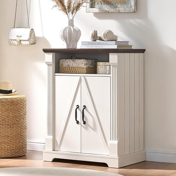 24-Inch Antique White Freestanding Farmhouse Buffet Sideboard with Barn Door and Adjustable Shelf, Small Coffee Bar