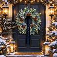 thumbnail image 1 of 24 Inch Artificial Christmas Wreath with Blue Berries, Frosted Greenery, Pinecones and Navy Bow, Outdoor Holiday Wreath with Hanging Hook for Front Door, Wall or Mantel, 1 of 10