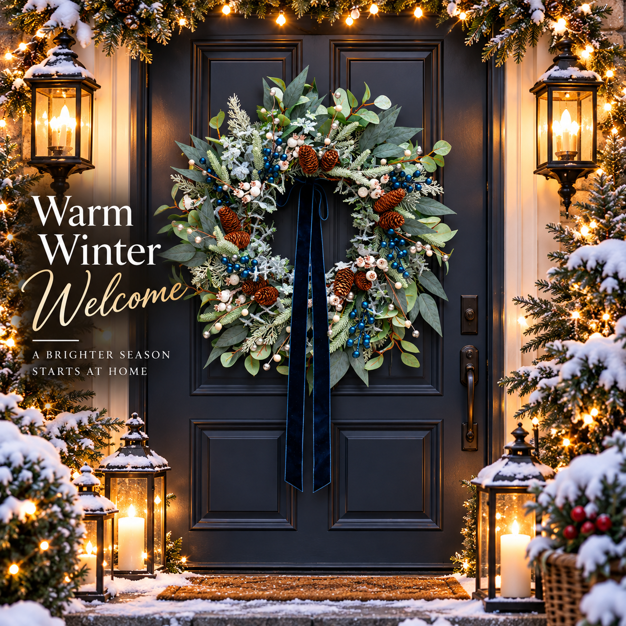 24 Inch Artificial Christmas Wreath with Blue Berries, Frosted Greenery, Pinecones and Navy Bow, Outdoor Holiday Wreath with Hanging Hook for Front Door, Wall or Mantel