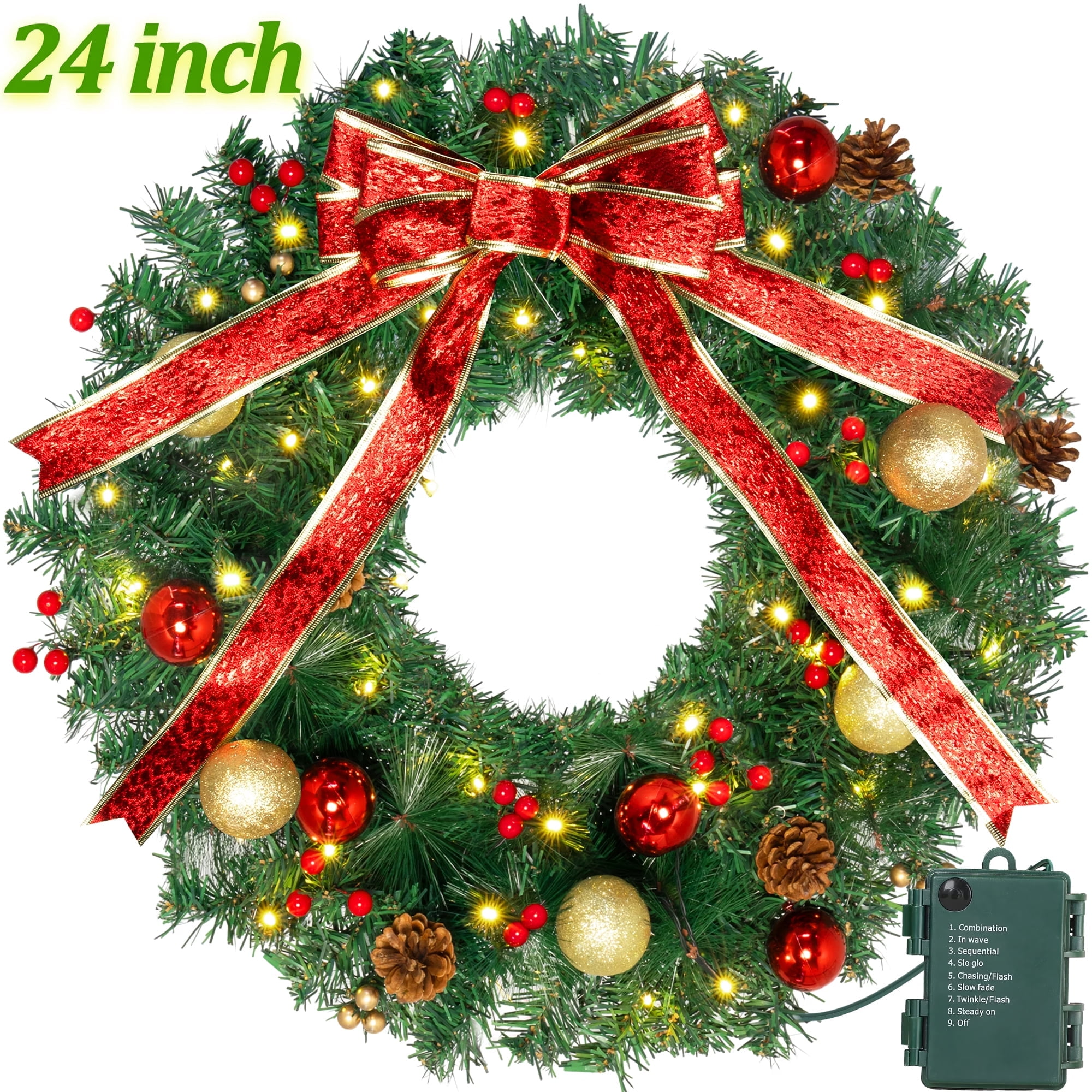 24 Inch Artificial Christmas Wreath with LED Lights, Battery Operated