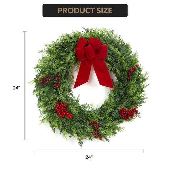 RONSHIN 24 Inch Artificial Christmas Wreath, Large Green Cypress Wreath, Red Velvet Bow, Berry Clusters, Indoor Outdoor Xmas Door Window Fireplace Decor