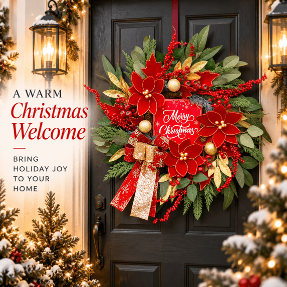 24 Inch Artificial Christmas Wreath with “Merry Christmas” Sign, Red Poinsettia Flowers, Red Berries, Gold Accents and Festive Ribbon Bow, Holiday Door Decor