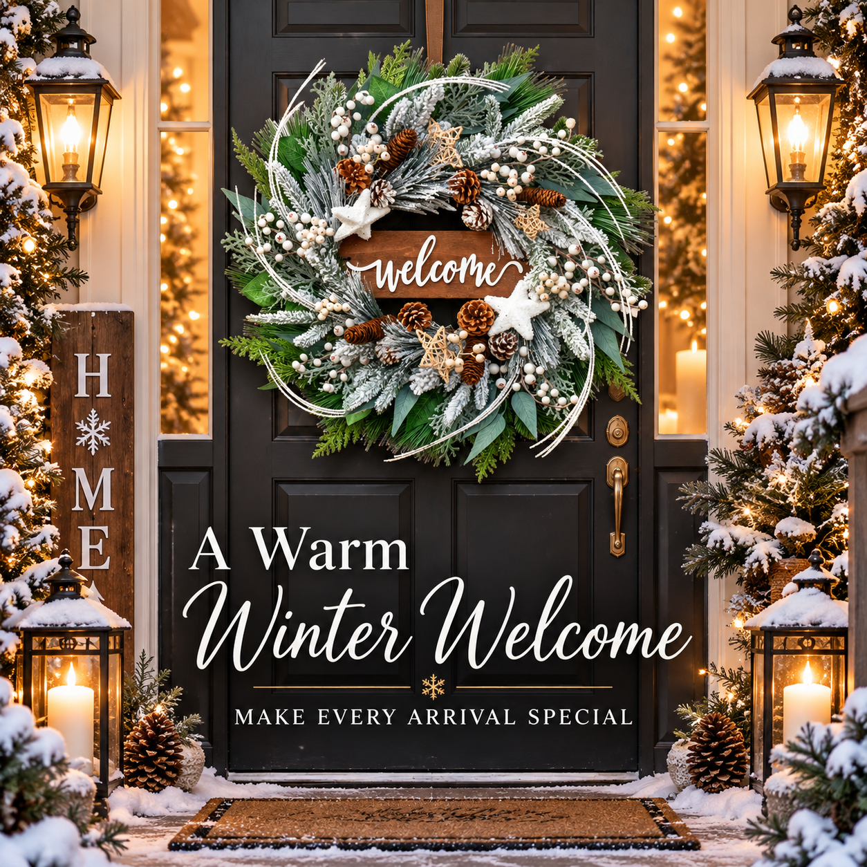 24 Inch Artificial Christmas Wreath with Welcome Wood Sign, Frosted Greenery, White Berries, Pinecones and Star Accents, Holiday Door Decor with Hanging Hook