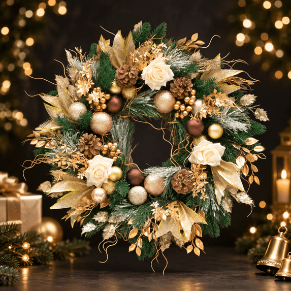 24 Inch Artificial Christmas Wreath with Gold Leaves, Champagne and Bronze Ornaments, Pinecones and Ivory Roses, Elegant Holiday Door Decor