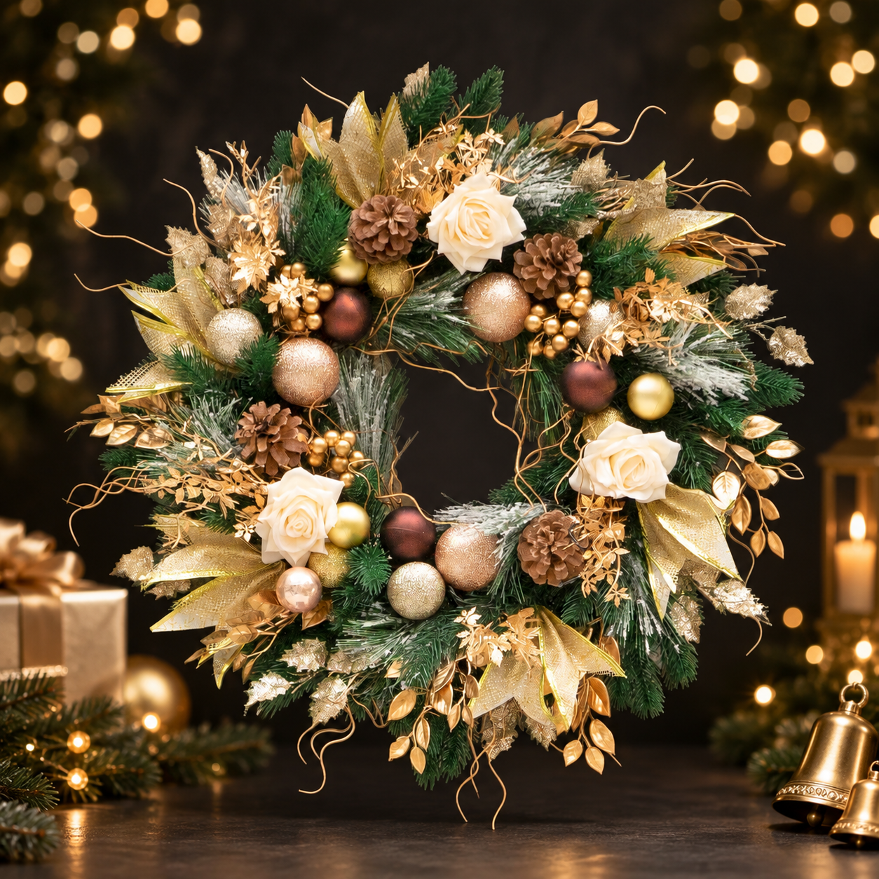 24 Inch Artificial Christmas Wreath with Gold Leaves, Champagne and Bronze Ornaments, Pinecones and Ivory Roses, Elegant Holiday Door Decor